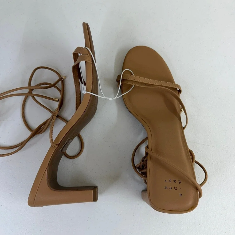 NEW A New Day‎ Marcia tan strappy tie chunk heel memory foam sandals heels shoes
